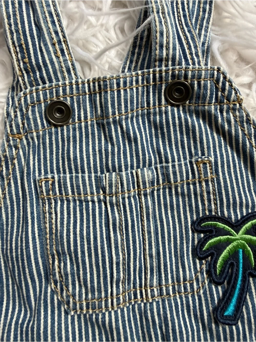 Striped Denim Overalls Shortall with Green Patches